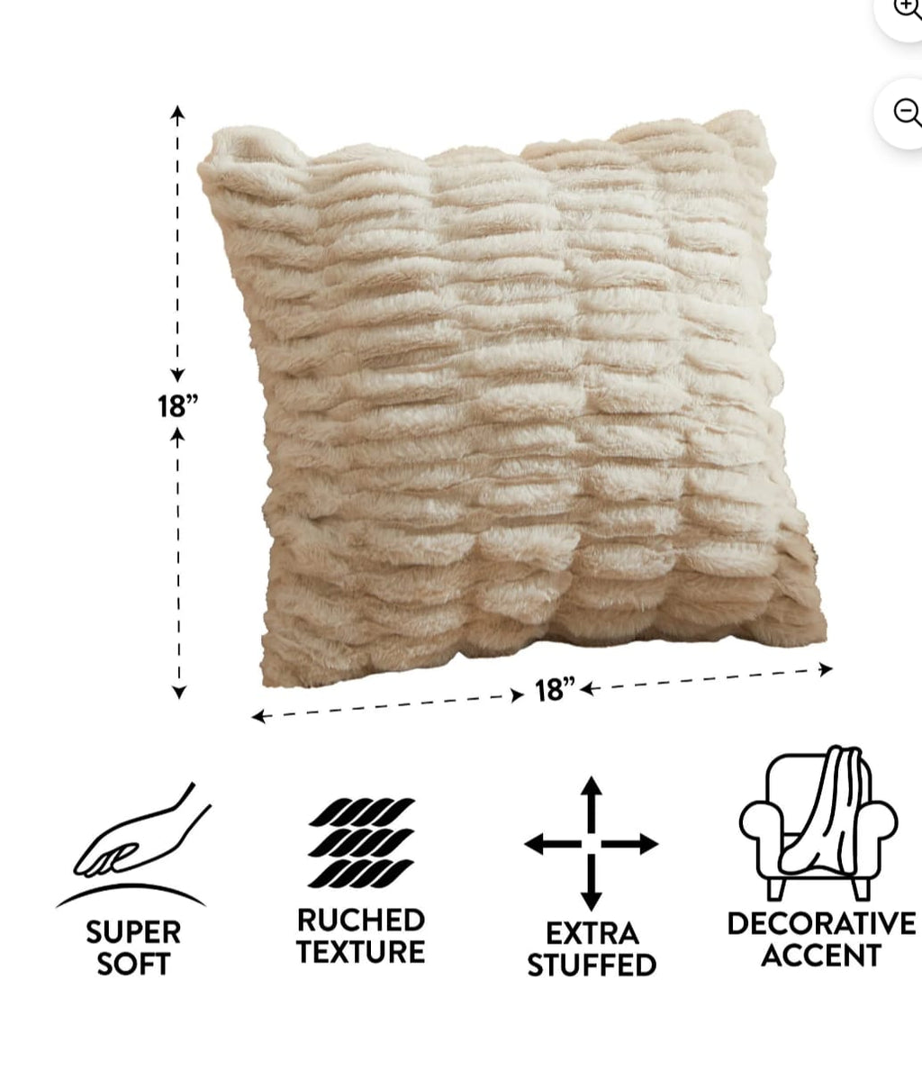 Cozy 18" x 18" Papyrus Beige Ruched Fur Decorative Throw Pillow