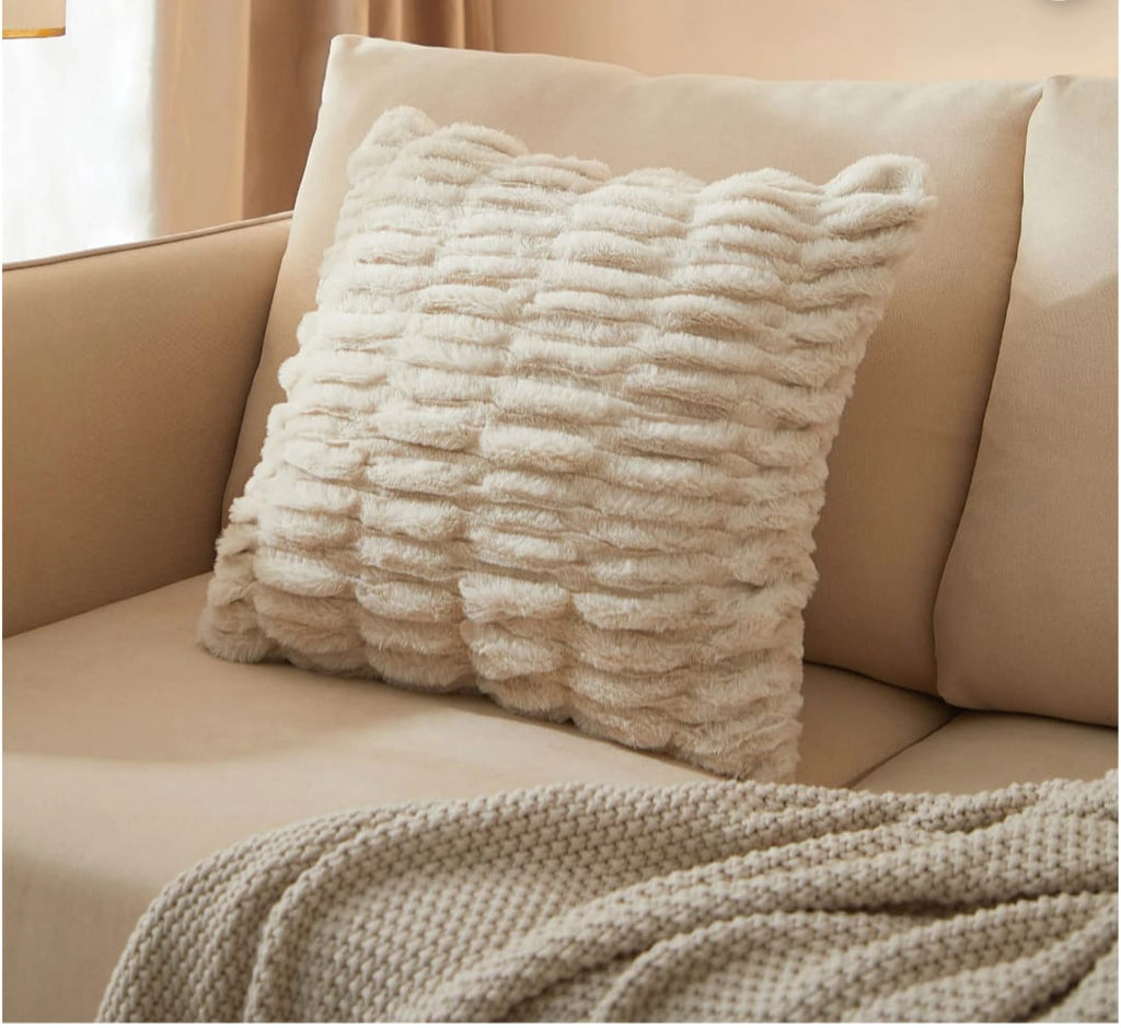 Cozy 18" x 18" Papyrus Beige Ruched Fur Decorative Throw Pillow